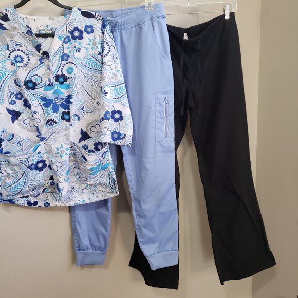 UA Butter-soft Stretch Floral Scrub Top + 2 Scrub Pants Bundle Ceil Blue Black S - Picture 4 of 13